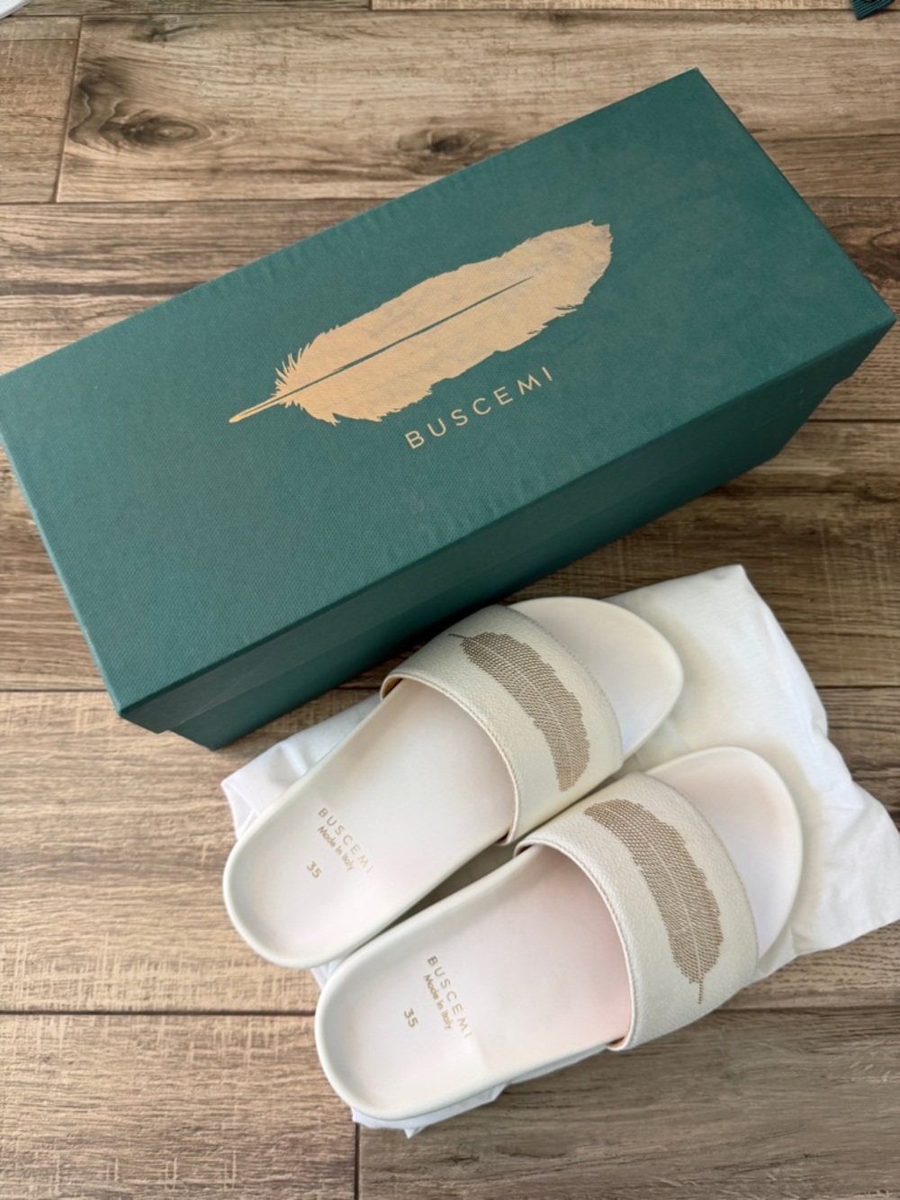 Buscemi slides white with gold leaf women size 35